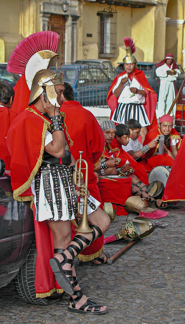 Roman soldier on cellphone by Leslie Larson